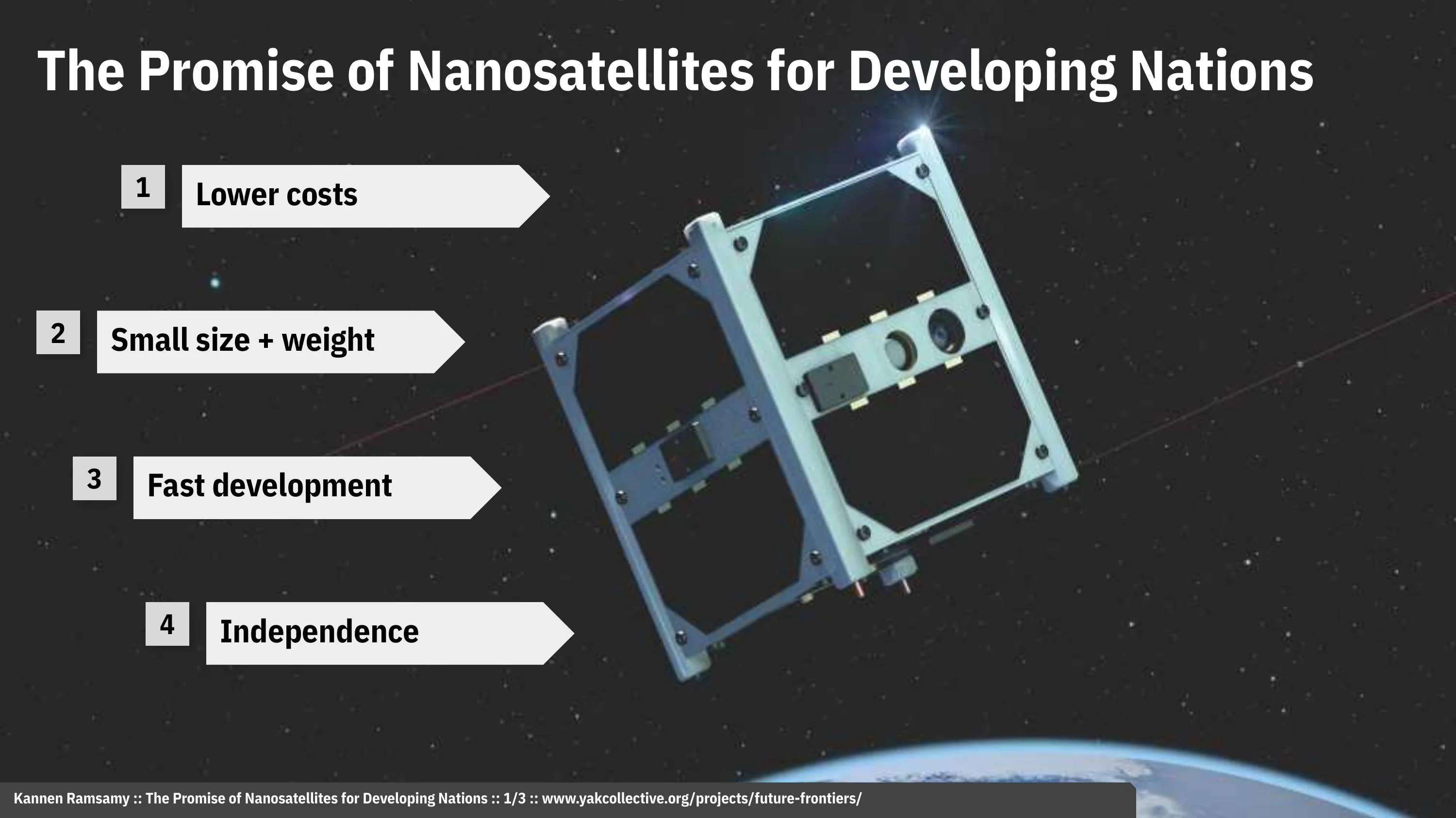 The Promise of Nanosatellites for Developing Nations (1 of 3)